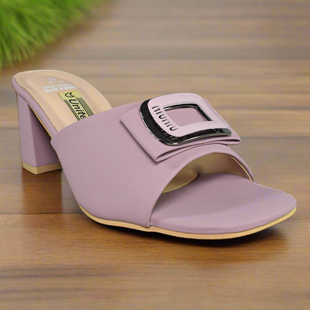 Buckle Block Purple Heels For Women