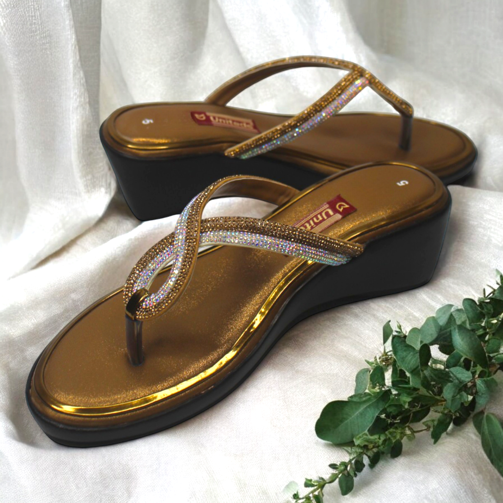 Golden Sparkle Wedge Heels For Women