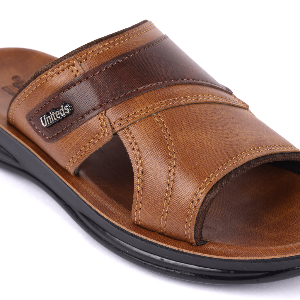 Uniteds men's lightweight PU daily wear sandal in tan – sole view mens sandals