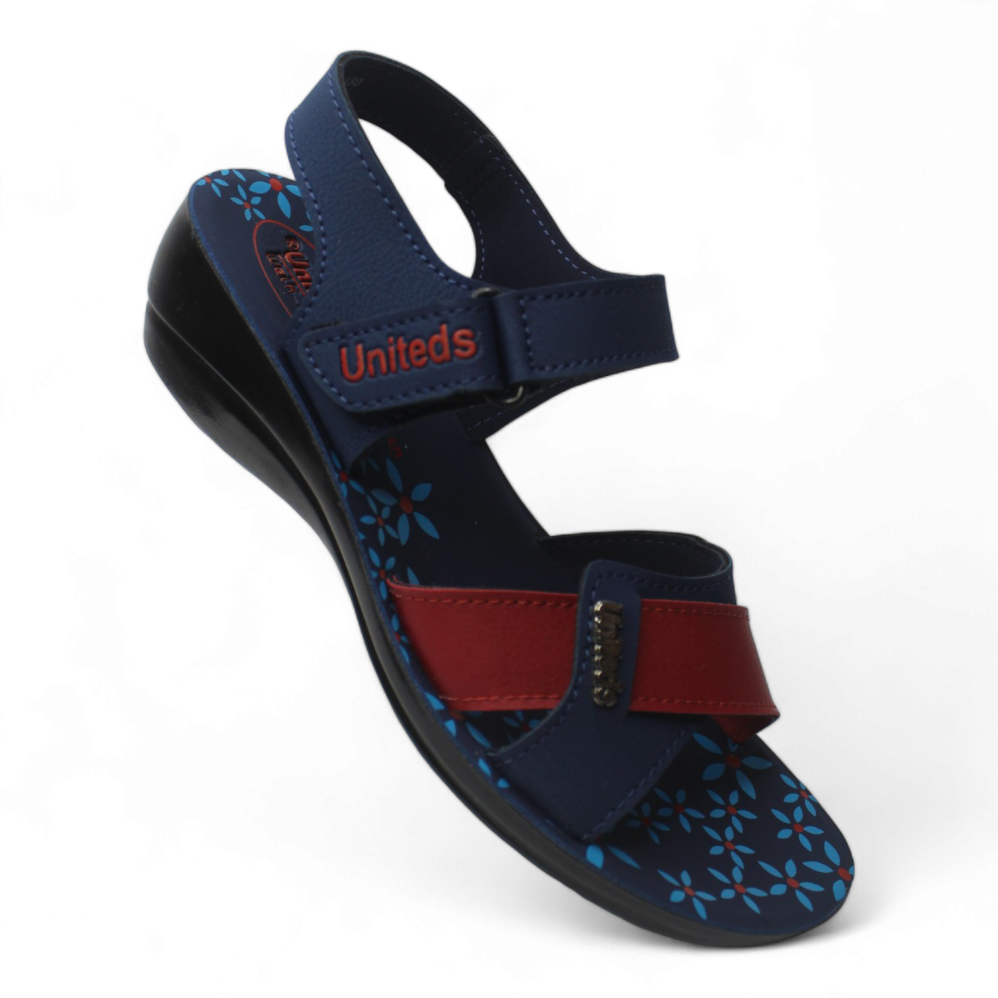 Uniteds women's printed ankle strap sandal in blue red – flat heel women's sandals