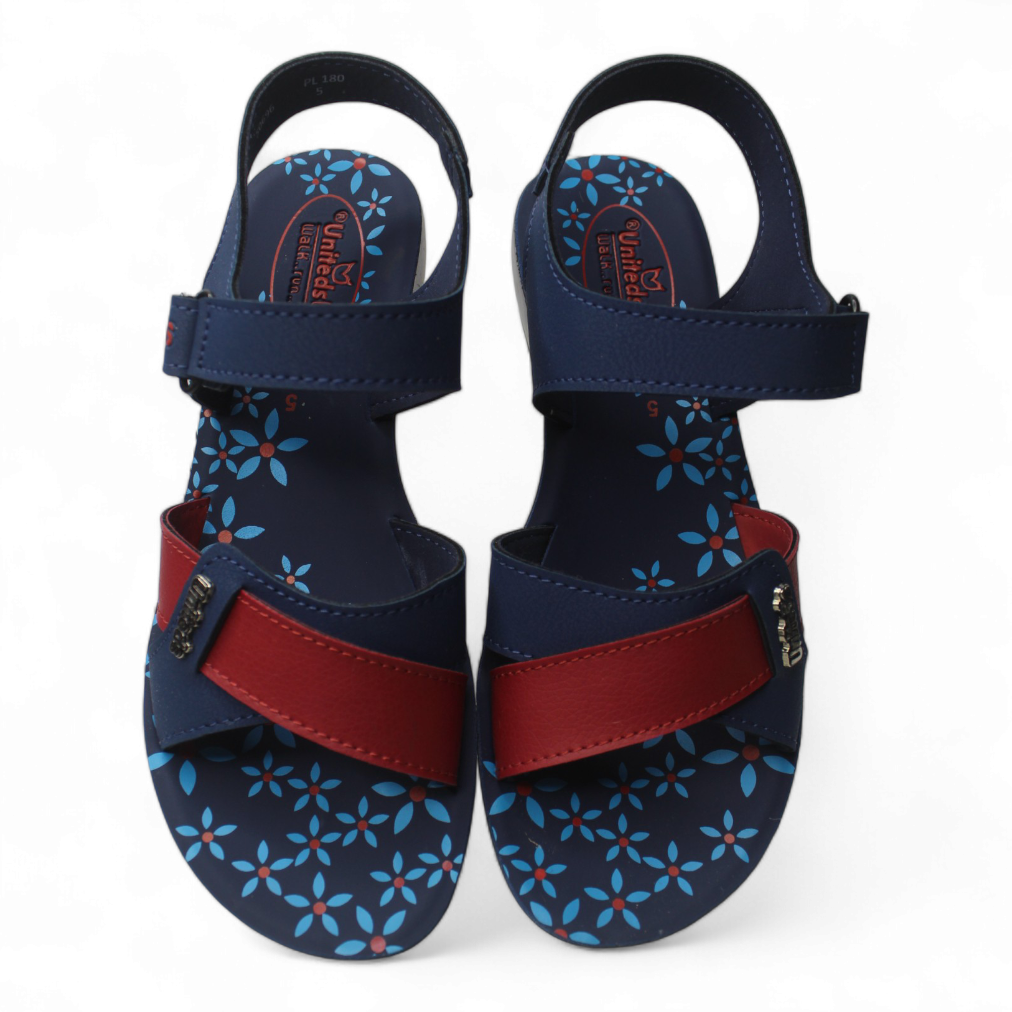 Uniteds women's printed ankle strap sandal in blue red – front view women's sandals