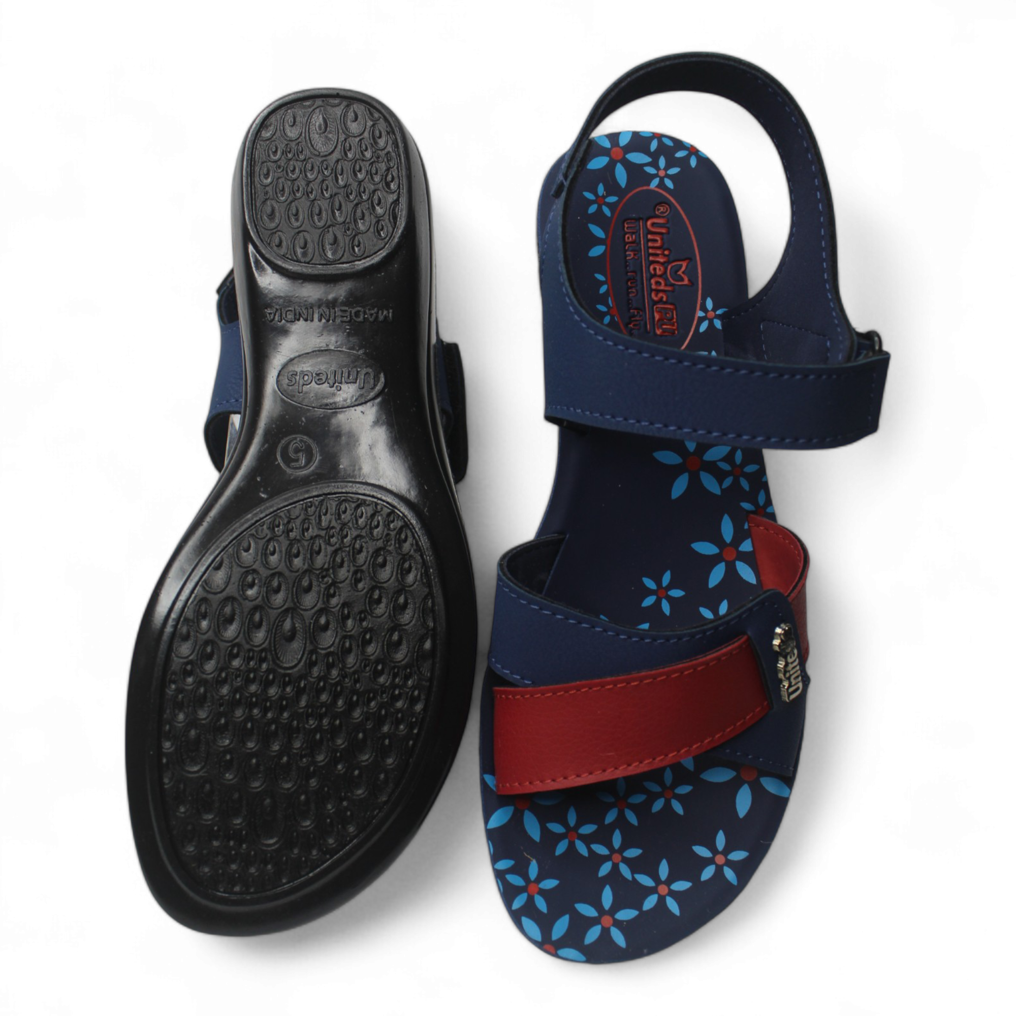 Uniteds women's printed ankle strap sandal in blue red – side view women's sandals